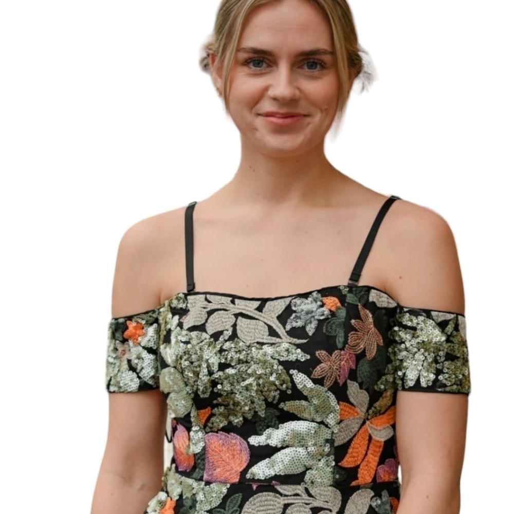 THML Garden Party floral print sequins embroidered off shoulder dress NWT Sz S - Picture 4 of 12